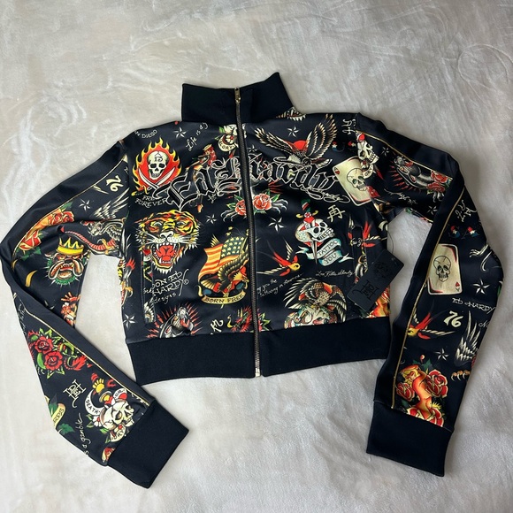 Ed Hardy Jackets & Blazers - New ED HARDY SHRUNKEN CROPPED FLASHBOARD BLACK TRACK JACKET -WOMENS SMALL